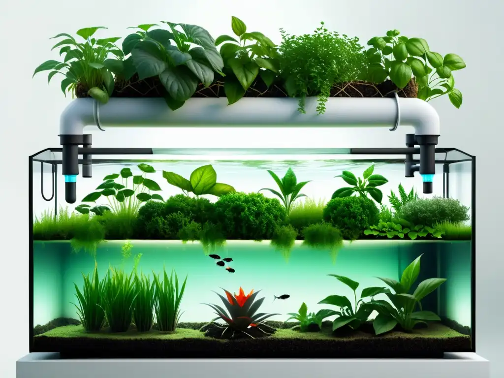 Vista impresionante de un sistema de acuaponía orgánica paso a paso con plantas verdes flotando en el agua, creando armonía y tranquilidad