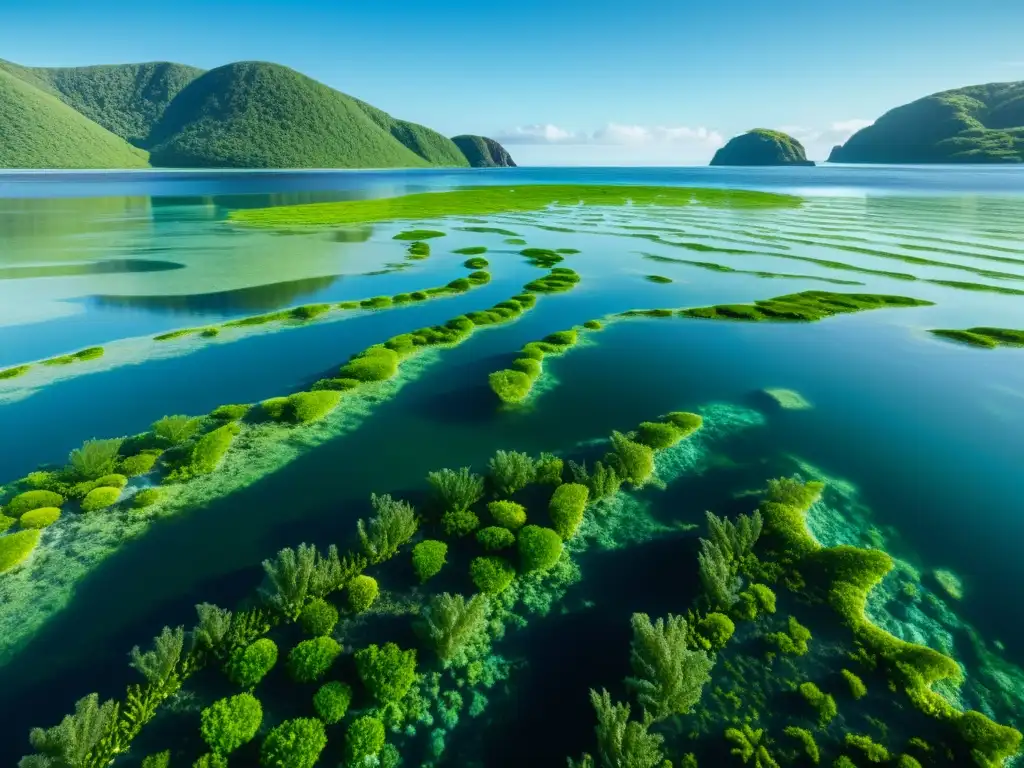 Vista increíble de una granja de algas marinas verdes bajo el agua, fuentes de nutrientes para alimentos orgánicos