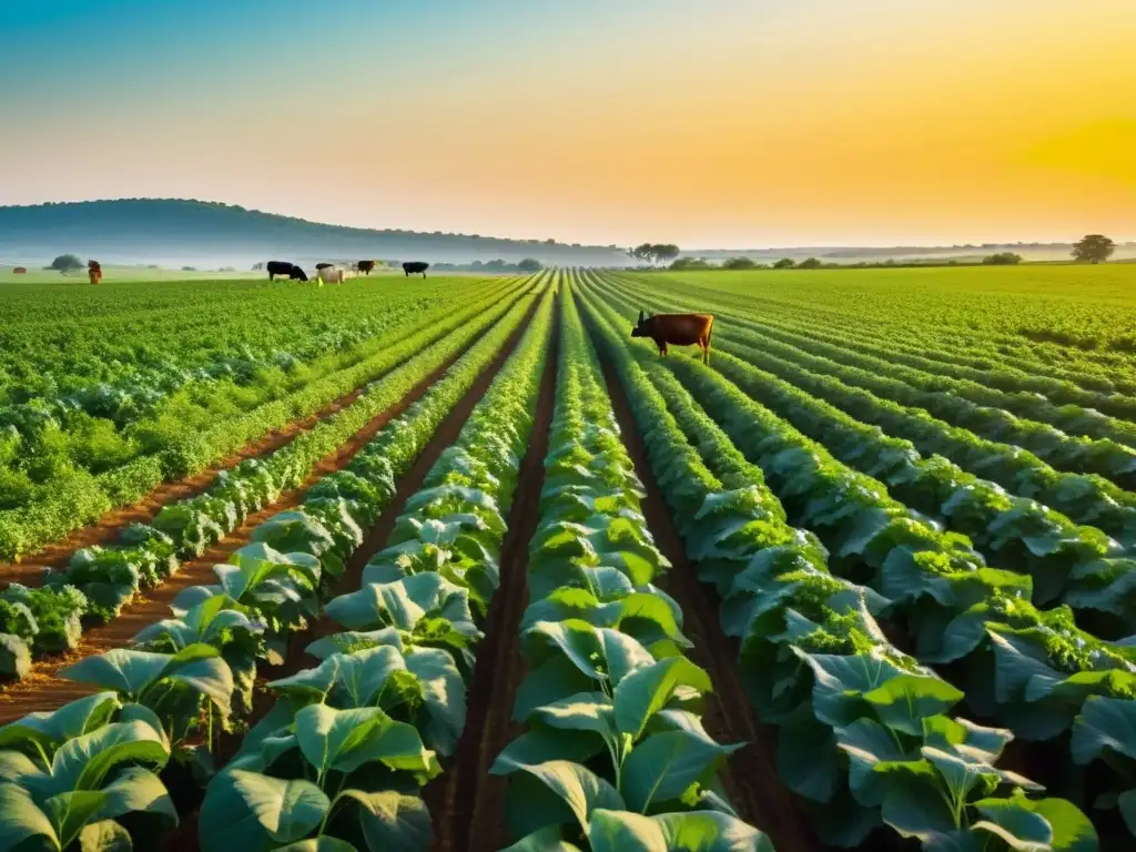 Vista panorámica de campo verde exuberante con cultivos orgánicos y vacas pacíficas pastando