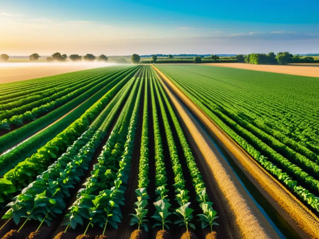 Vista panorámica de un cultivo orgánico exuberante, bañado por la luz dorada del sol con un sistema de riego eficiente