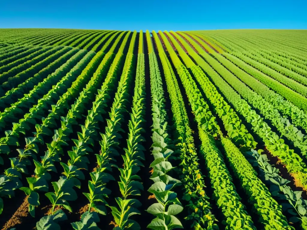 Vista panorámica de cultivos orgánicos superfoods en un campo verde vibrante, bajo un cielo azul claro