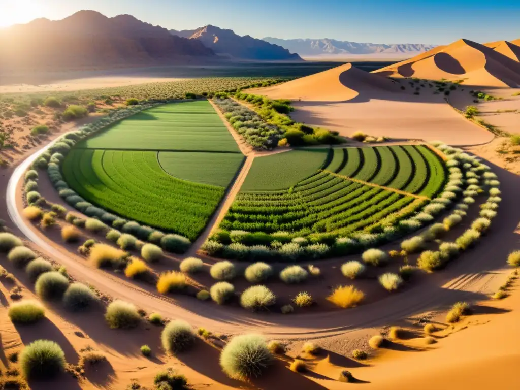 Vista panorámica del desierto con permacultura en zonas áridas y comunidad sostenible al fondo