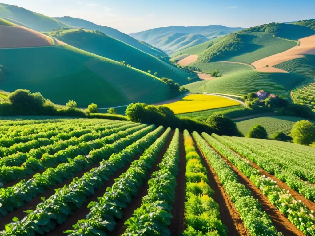 Vista panorámica de un exuberante campo orgánico con cultivos vibrantes bajo el cielo azul