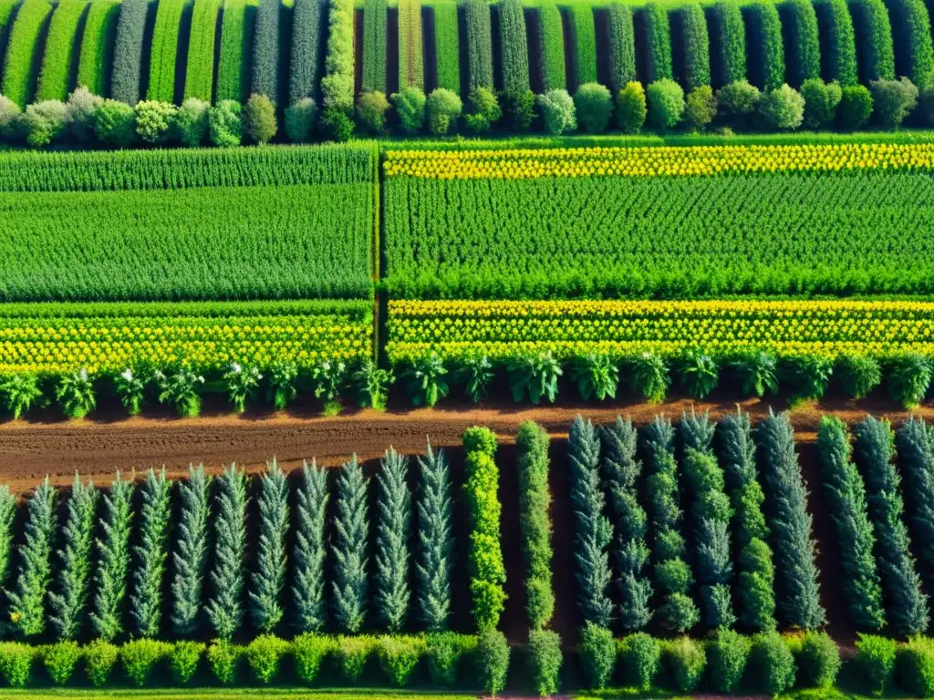 Vista panorámica de una exuberante granja orgánica con cultivos verdes, abejas revoloteando y cielo azul