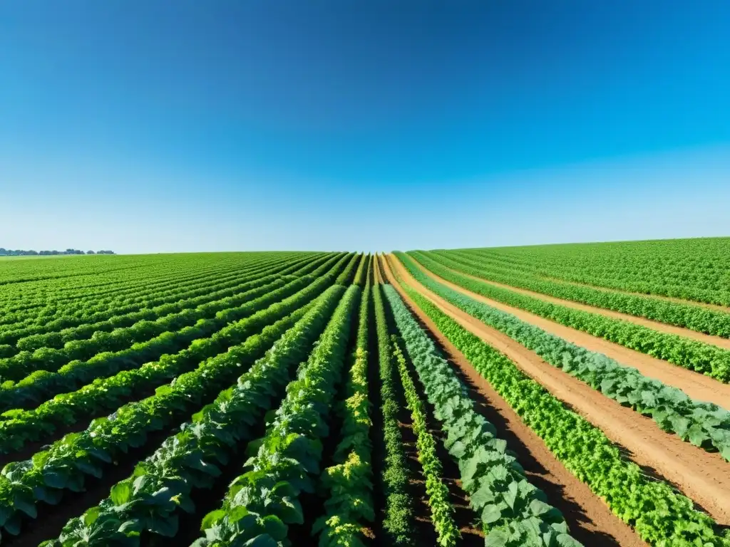 Vista panorámica de una exuberante granja orgánica con cultivos verdes vibrantes bajo un cielo azul