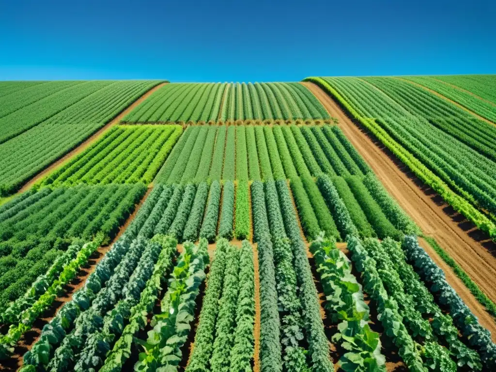 Vista panorámica de una exuberante granja orgánica con cultivos saludables y vibrantes bajo el cielo azul claro