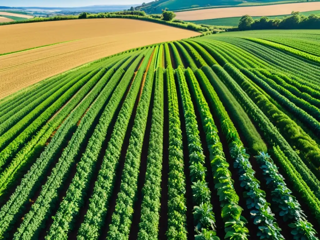 Vista panorámica de una finca orgánica próspera con cultivos verdes bajo el cielo azul