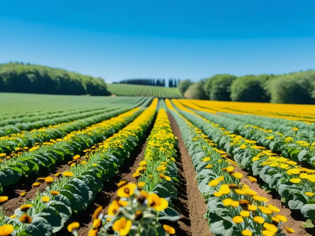 Vista panorámica de una granja orgánica, con cultivos vibrantes y vida silvestre, mostrando indicadores de salud en sistemas agrícolas