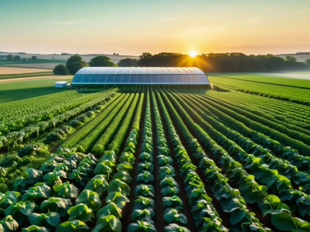 Vista panorámica de una granja orgánica con cultivos verdes y un invernadero de vanguardia