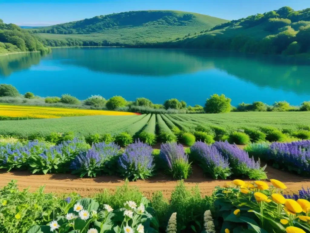 Vista panorámica de granja orgánica con alimentos saludables y lago azul, transmitiendo serenidad y conexión con la naturaleza