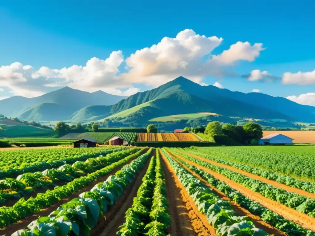 Vista panorámica de una granja orgánica con cultivos diversos y personas trabajando, en un entorno sereno