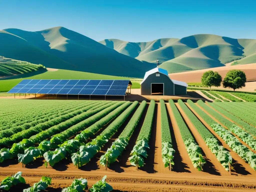 Vista panorámica de granja orgánica con equipamiento moderno y sostenible, rodeada de cultivos y ganado