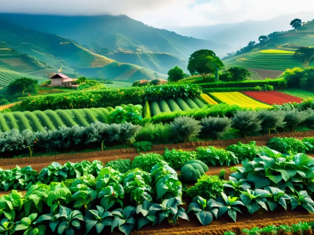 Vista panorámica de una granja orgánica próspera con cultivos variados bajo el sol