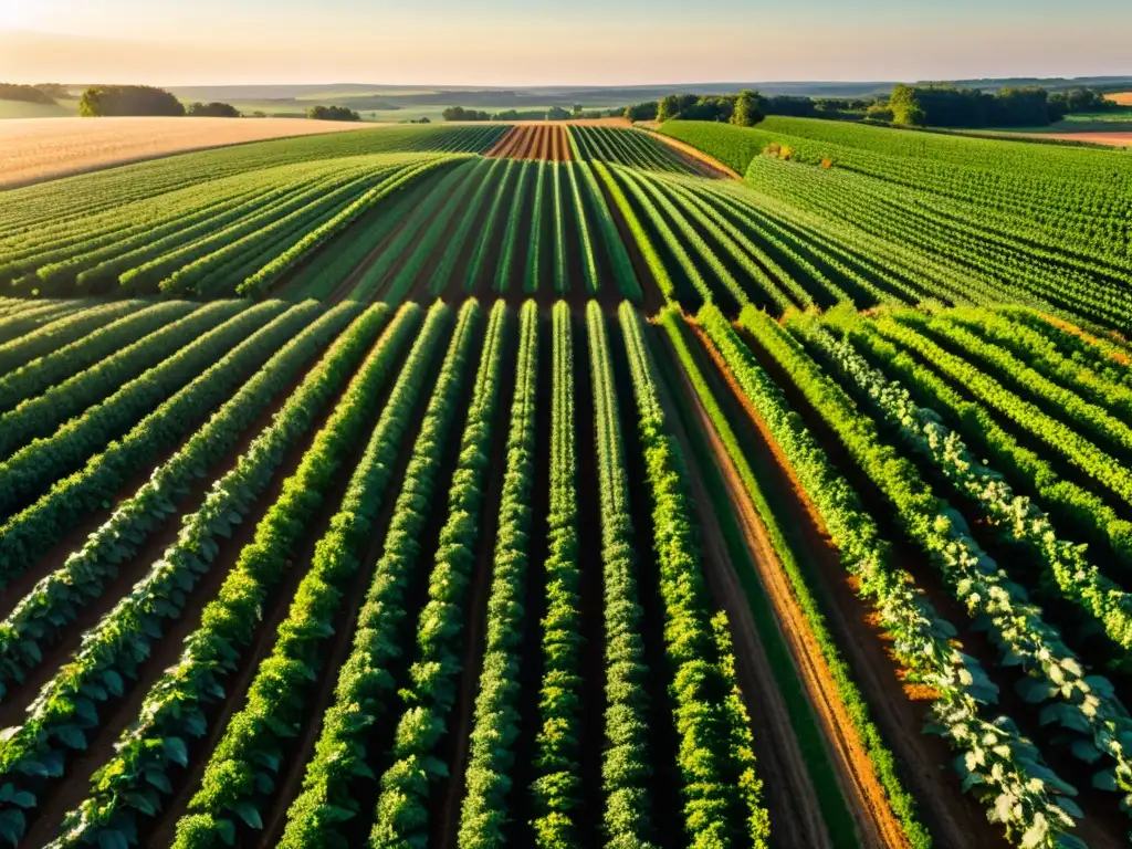 Vista panorámica de una granja orgánica con cosecha automatizada, bañada por la cálida luz del sol