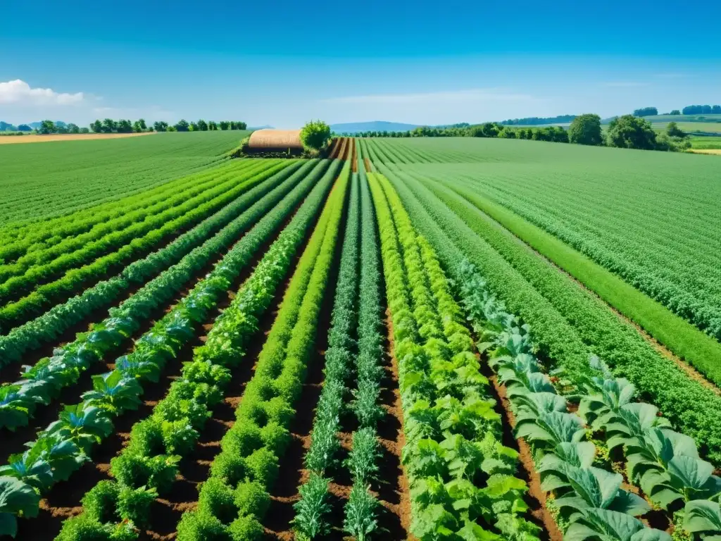 Vista panorámica de granja orgánica próspera con cultivos verdes y cielo azul claro, resaltando beneficios biofertilizantes agricultura orgánica