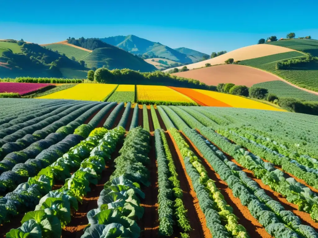 Vista panorámica de granja orgánica con cultivos superfoods, destacando colores vibrantes y beneficios saludables