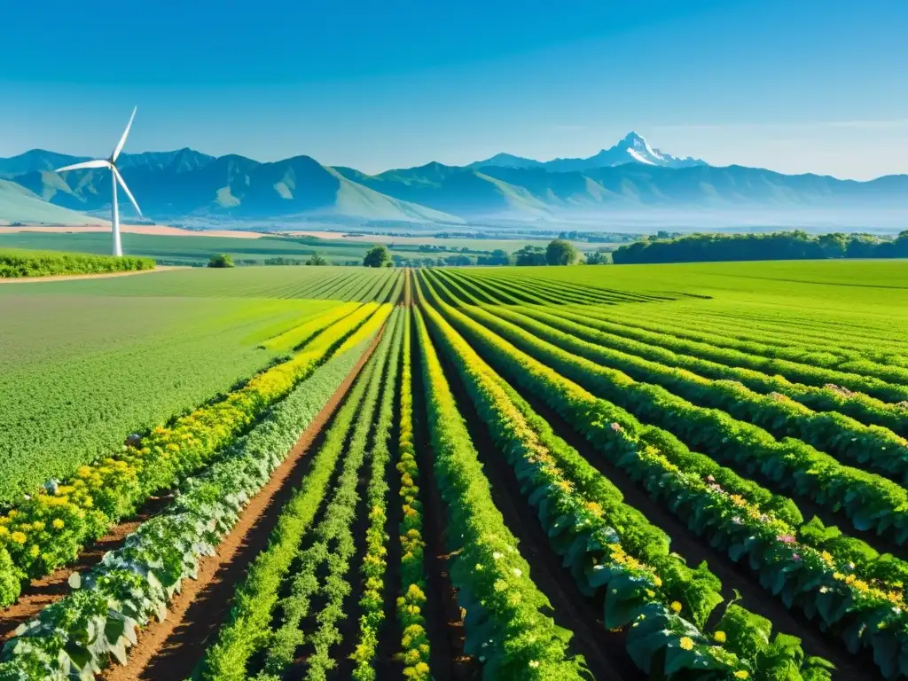 Vista panorámica de granja orgánica con cultivos verdes y molino eólico, simbolizando sistemas solares y eólicos en armonía con la naturaleza