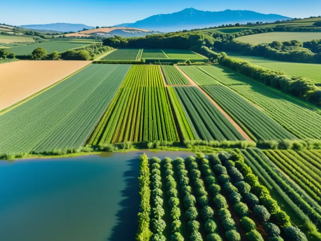 Vista panorámica de una granja orgánica sostenible con cultivos verdes, árboles frutales y animales pastando, bajo el cálido sol