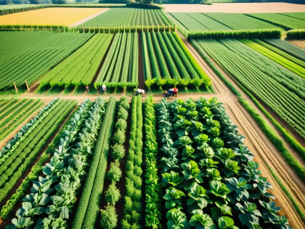 Vista panorámica de granja orgánica con tecnologías limpias y cultivos exuberantes