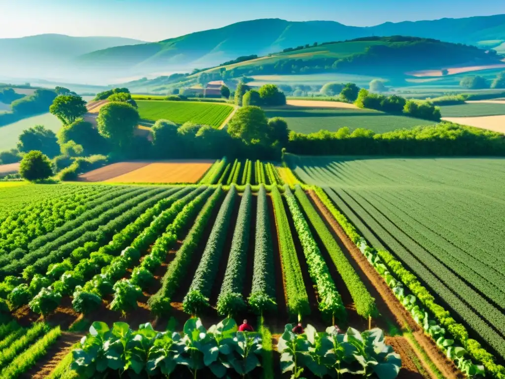 Vista panorámica de una granja orgánica con cultivos vibrantes y agricultores trabajando en armonía con la naturaleza