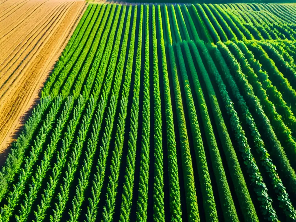 Vista panorámica de una granja orgánica con cultivos verdes y ordenados bajo un cielo azul brillante