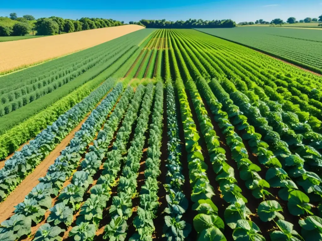 Vista panorámica de una granja orgánica vibrante y saludable bajo el sol, reducción riesgo enfermedades plagas alimentos orgánicos