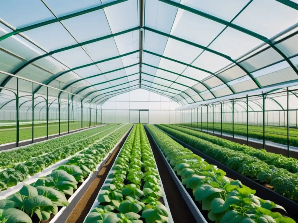 Vista panorámica de invernadero moderno con cultivos orgánicos vibrantes y tecnología de Big Data en la cadena alimentaria orgánica