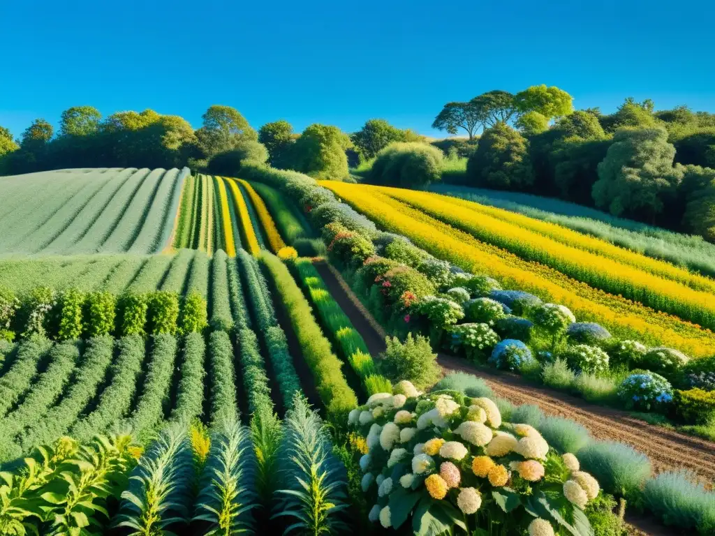 Vista panorámica de un paisaje agrícola biodinámico, con campos verdes vibrantes, flores coloridas y árboles maduros bajo un cielo azul claro