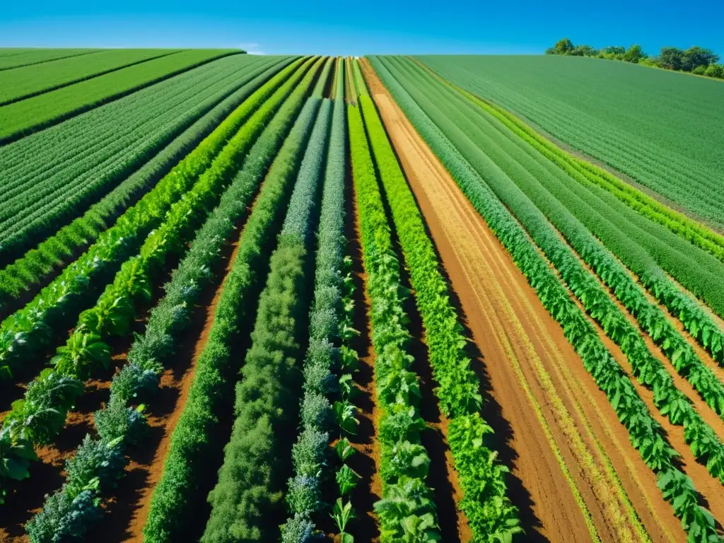 Vista panorámica de una próspera granja orgánica, con cultivos verdes y ordenados bajo un cielo azul