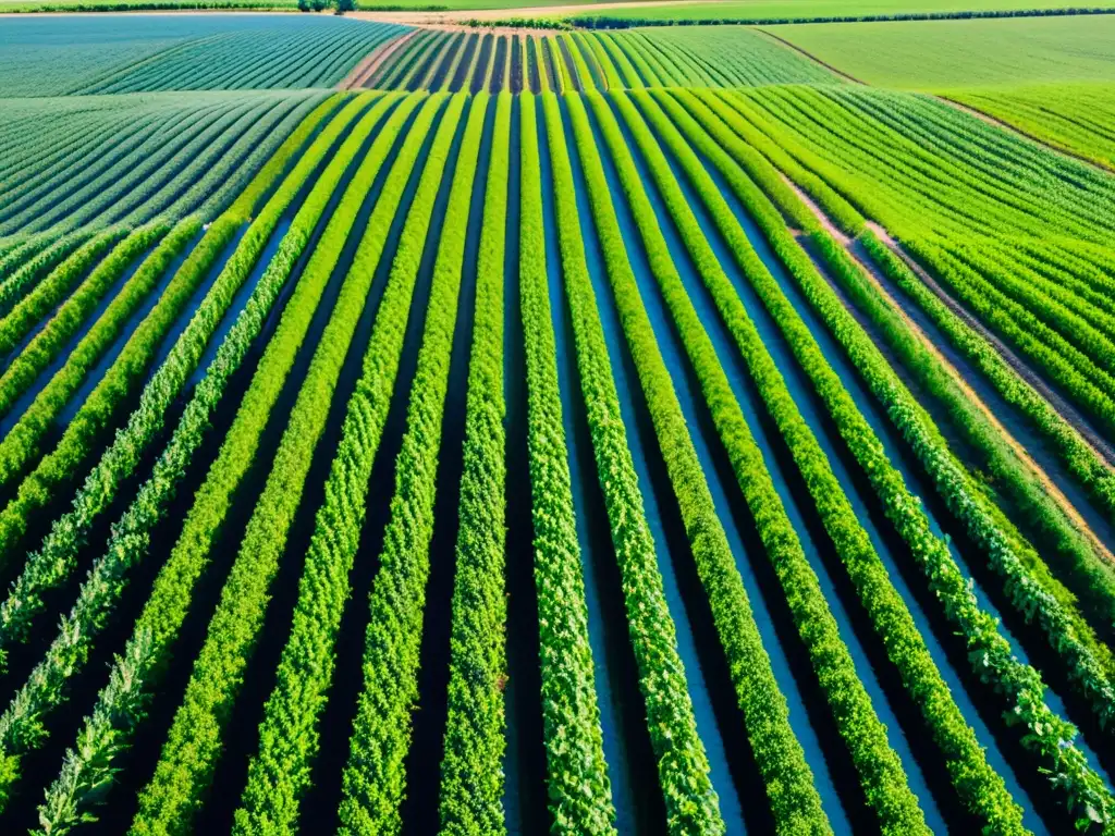 Vista panorámica de un próspero campo orgánico con cultivos verdes, bajo un cielo azul despejado