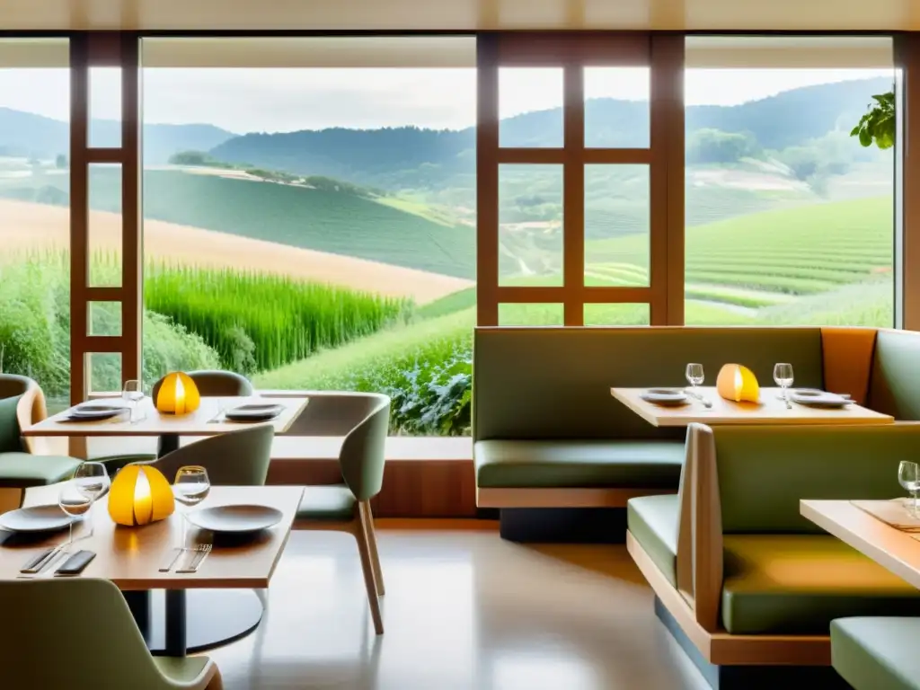 Vista panorámica de un restaurante orgánico galardonado con estrellas Michelin, con un interior minimalista en tonos terrosos y acentos verdes sutiles