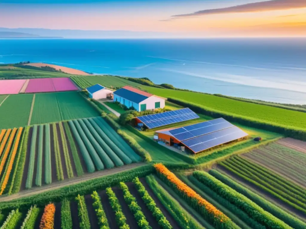 Vista panorámica serena de granja orgánica costera al atardecer, campos verdes se extienden hacia el océano