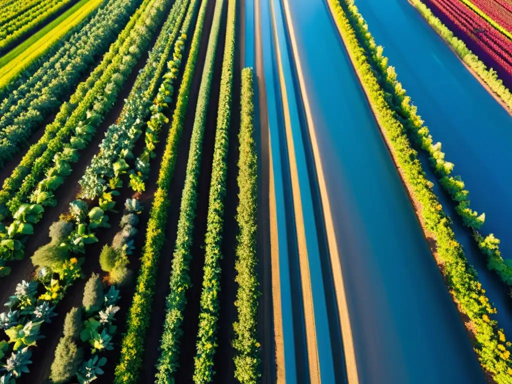 Vista panorámica de técnicas cultivo superalimentos orgánicos en un campo exuberante y vibrante, bañado por la luz del sol con sombras alargadas