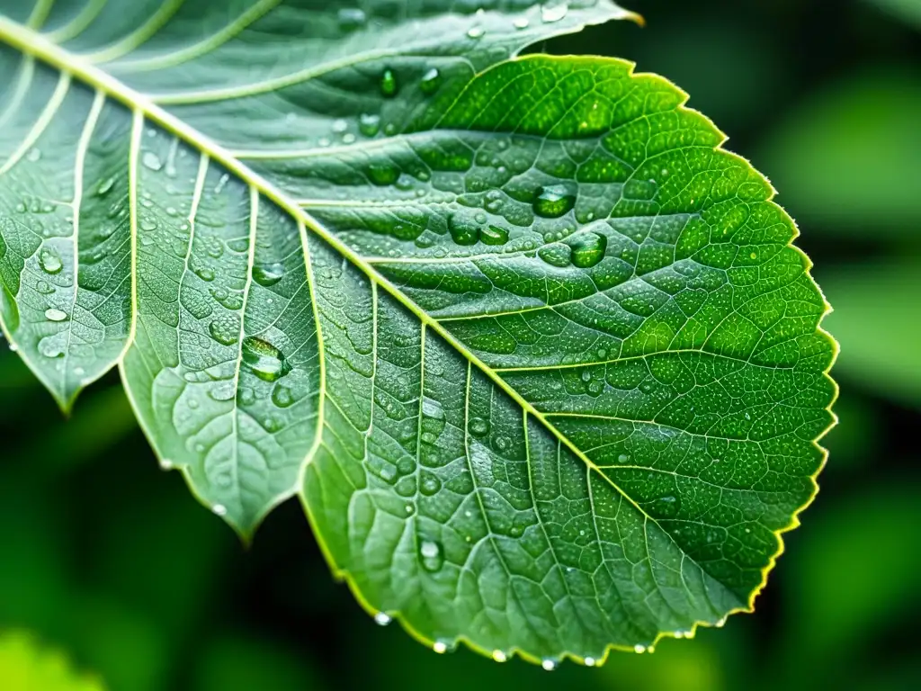 Vista en primer plano de una hoja verde vibrante con patrones de venas, resaltando la belleza natural de la vida vegetal