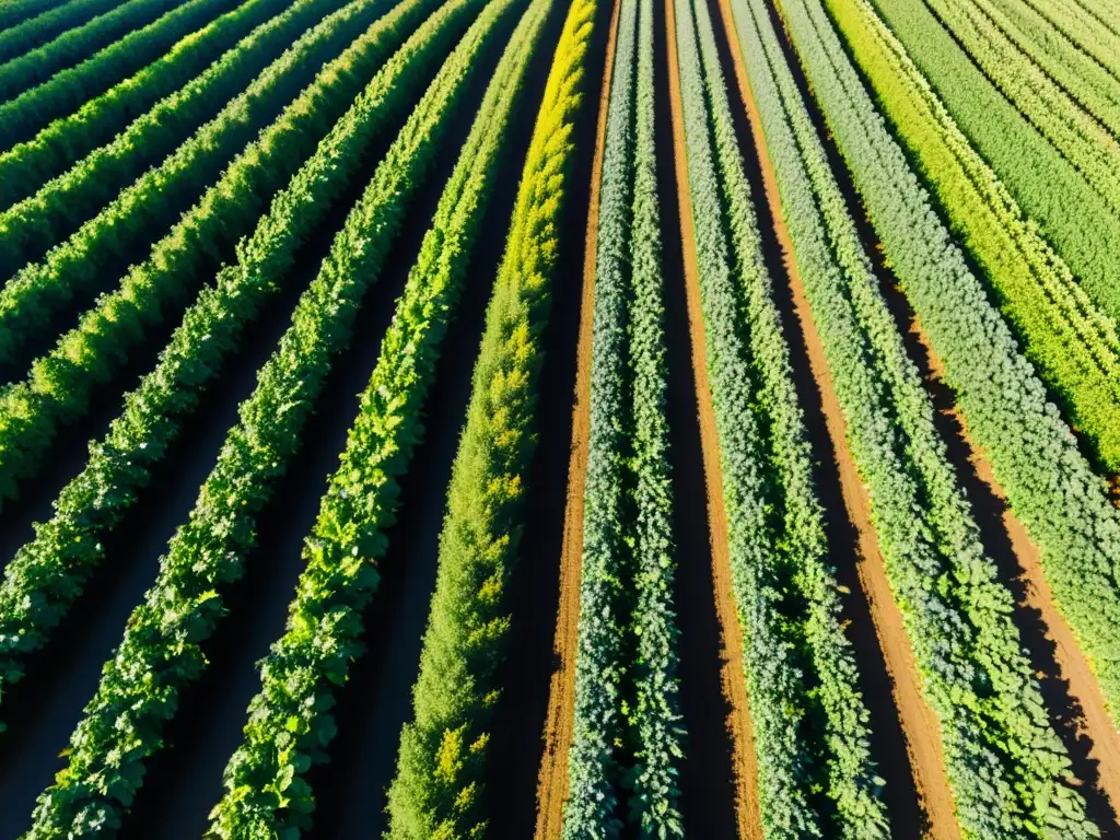 Vista de una próspera granja orgánica con cultivos ordenados bajo un cielo azul