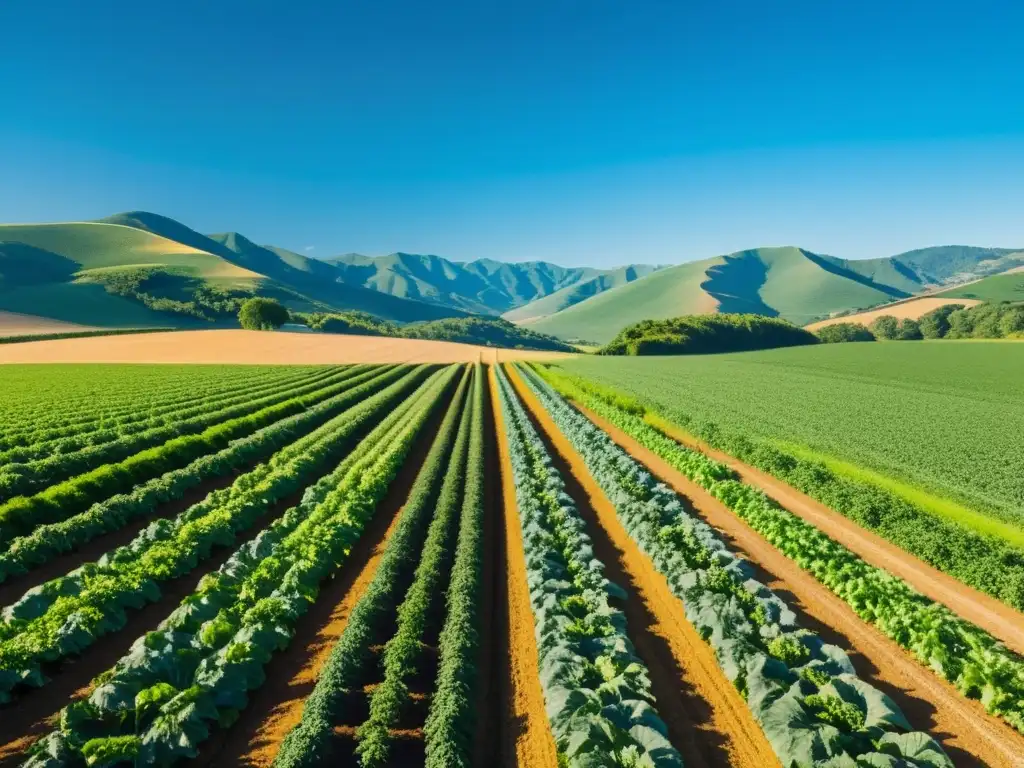 Vista serena de una abundante granja orgánica, con cultivos y colinas bajo cielo azul