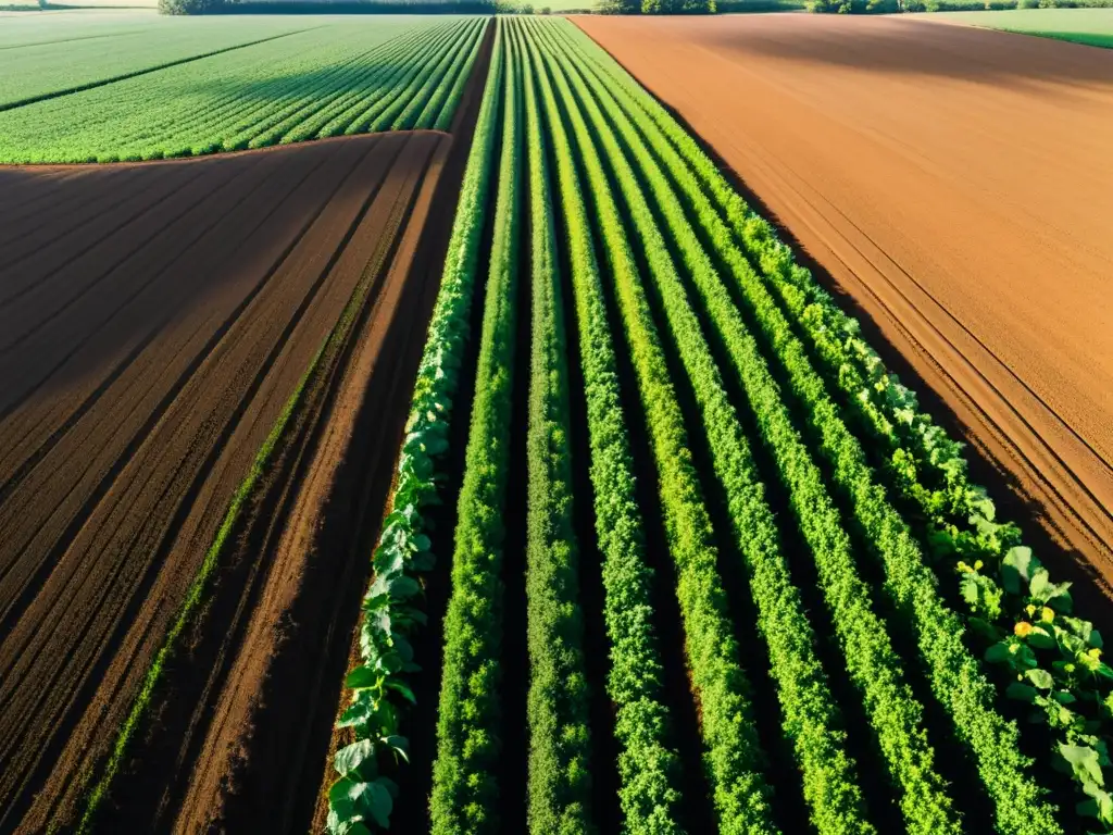 Vista serena de un campo orgánico exuberante, con cultivos ordenados y suelo vibrante