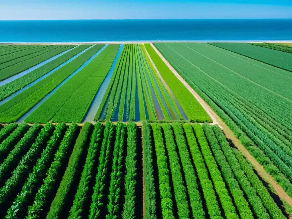 Vista serena de cultivo orgánico en suelos salinos junto al mar, bajo cielo azul brillante