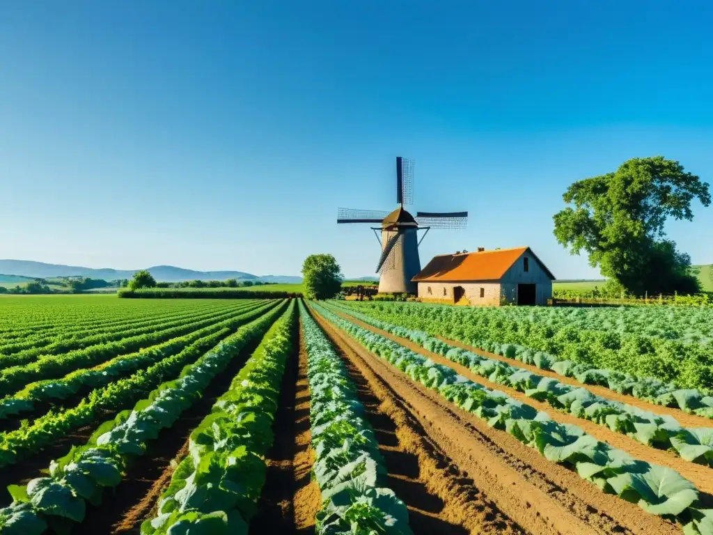 Vista serena de cultivos orgánicos sostenibles para el ambiente bajo un cielo azul claro, con abejas y mariposas entre las plantas