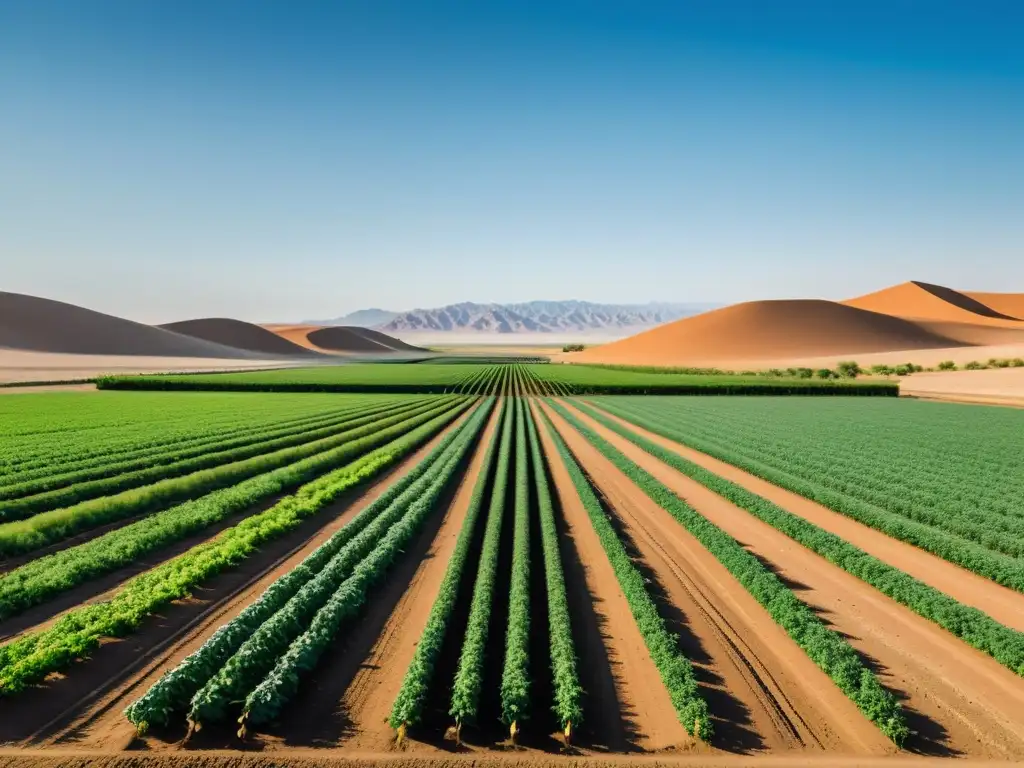 Vista serena de cultivos orgánicos en zonas áridas, soluciones sostenibles bajo cielo azul claro