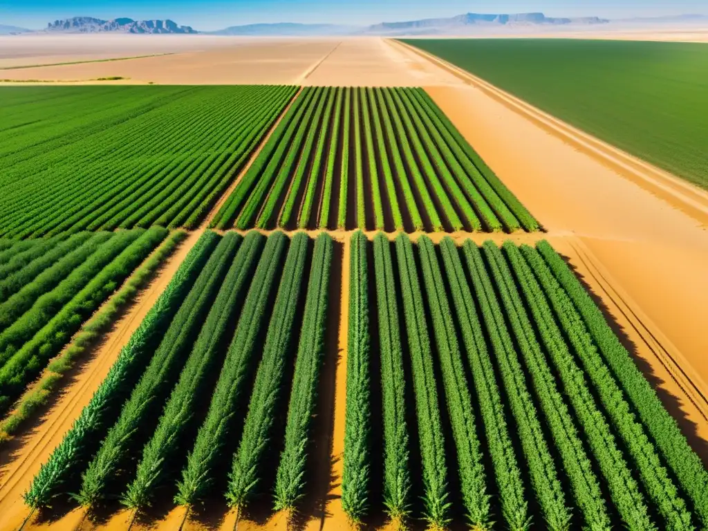 Vista serena de cultivos orgánicos en desierto árido, reflejando técnicas de cultivo en zonas áridas orgánicas