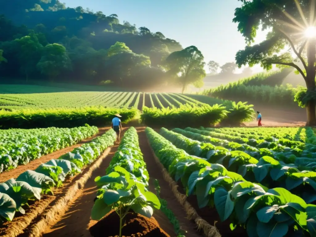 Vista serena de una granja agroforestal orgánica con cultivos y árboles frutales