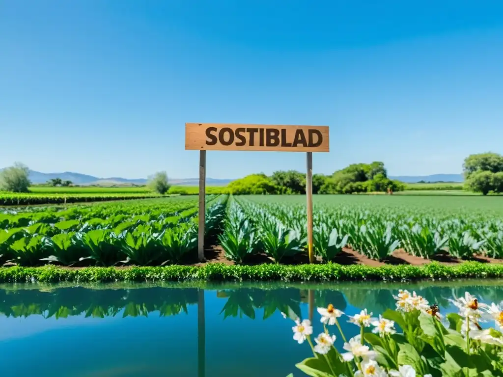 Vista serena de granja orgánica con campos verdes y estanque tranquilo