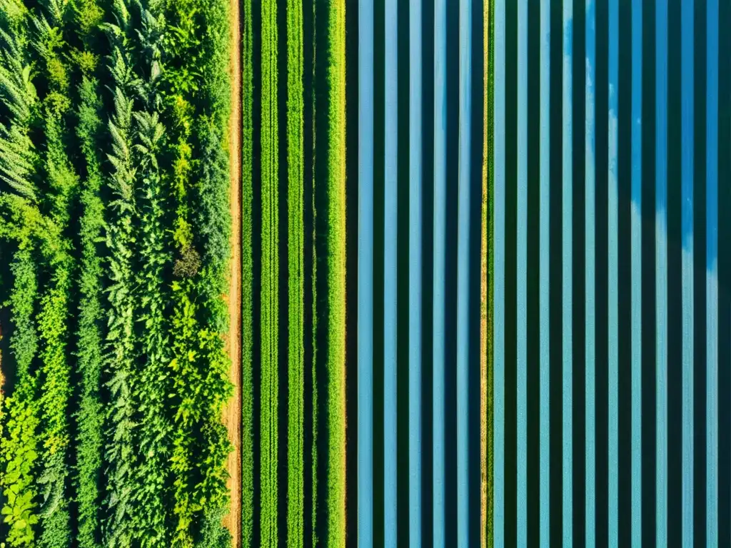 Vista serena de una granja orgánica verde bajo cielo azul, con agricultores y cultivos en filas