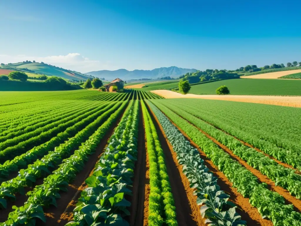 Vista serena de una granja orgánica con cultivos verdes bajo el cielo azul