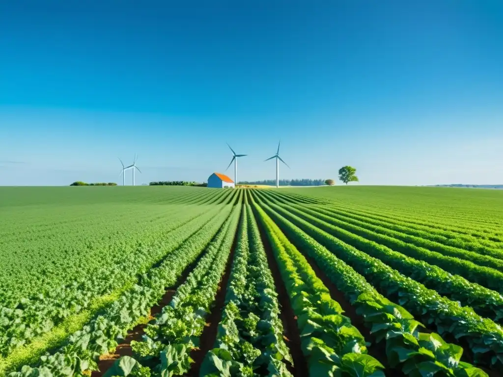 Vista serena de una granja orgánica con cultivos vibrantes bajo cielo azul