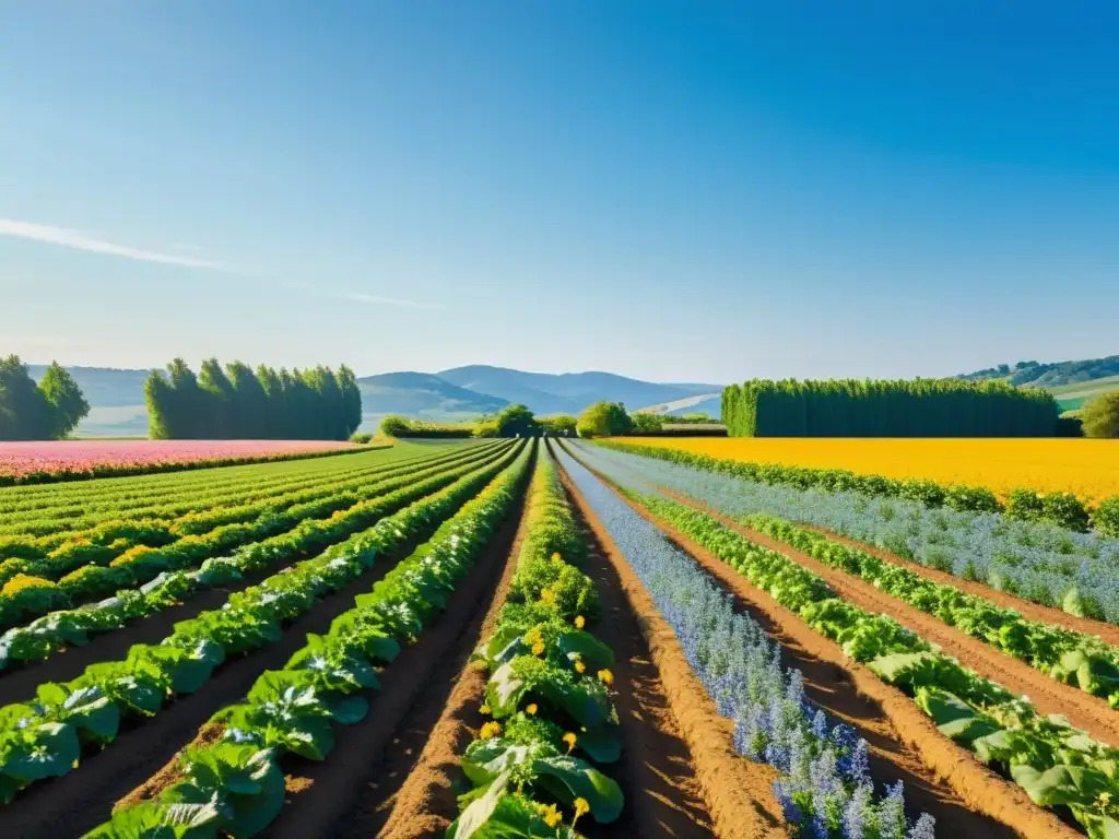 Vista serena de una granja orgánica con cultivos vibrantes bajo el sol, transmitiendo calma y bienestar