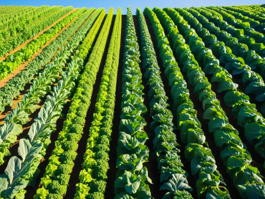 Vista serena de una granja orgánica con hortalizas verdes bajo el cielo azul