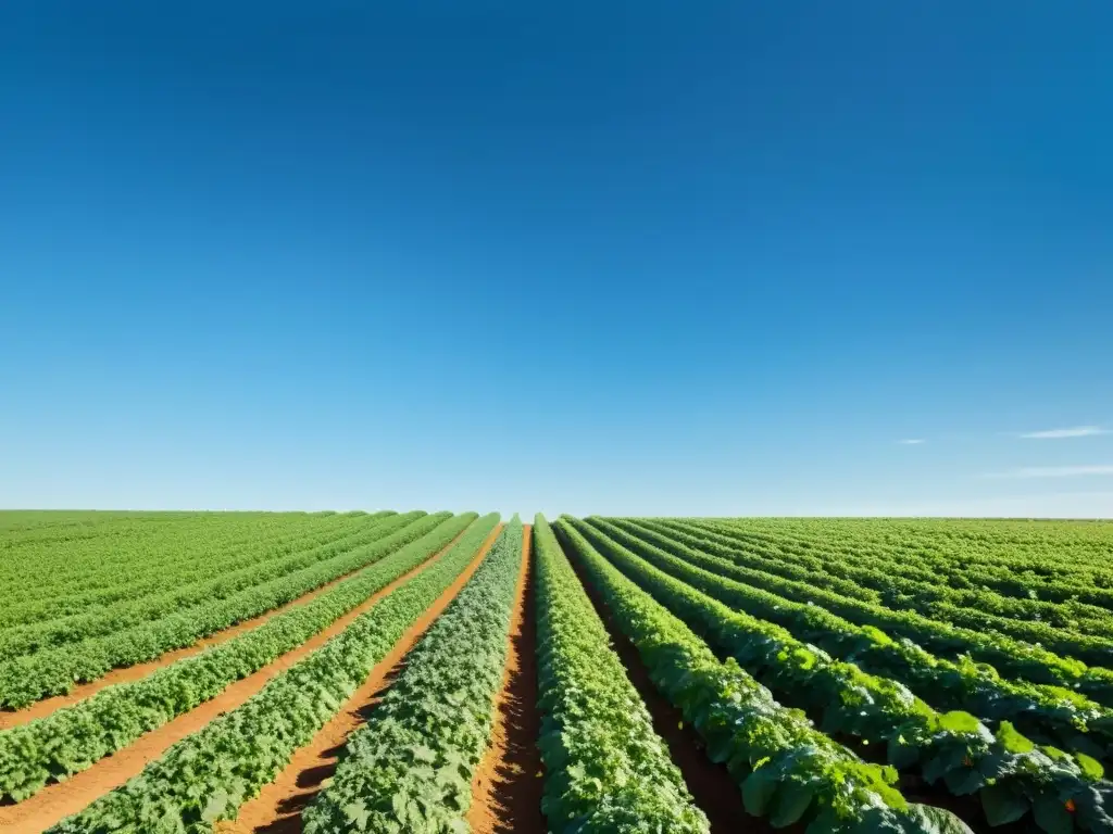 Vista serena de una granja orgánica, con hileras de cultivos saludables bajo el cielo azul