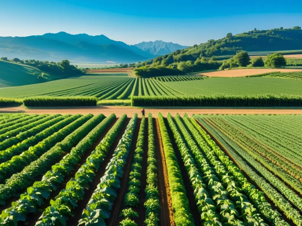 Vista serena de una granja orgánica con cultivos en filas, cielo azul y sol brillante